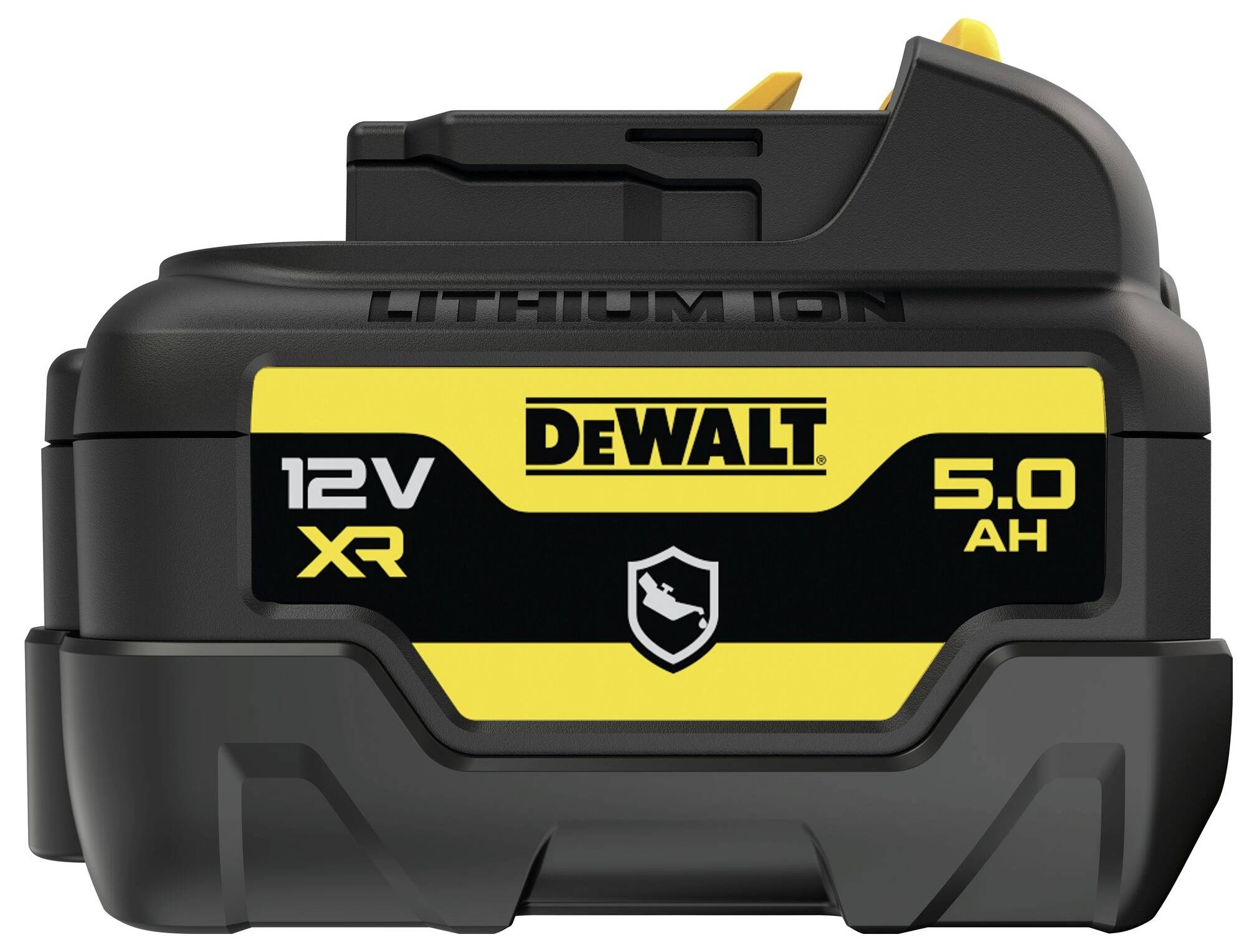 Batterie Li-Ion XR 12V de DeWalt avec une capacité de 5,0 Ah, boîtier noir et jaune, compatible avec divers outils électriques.