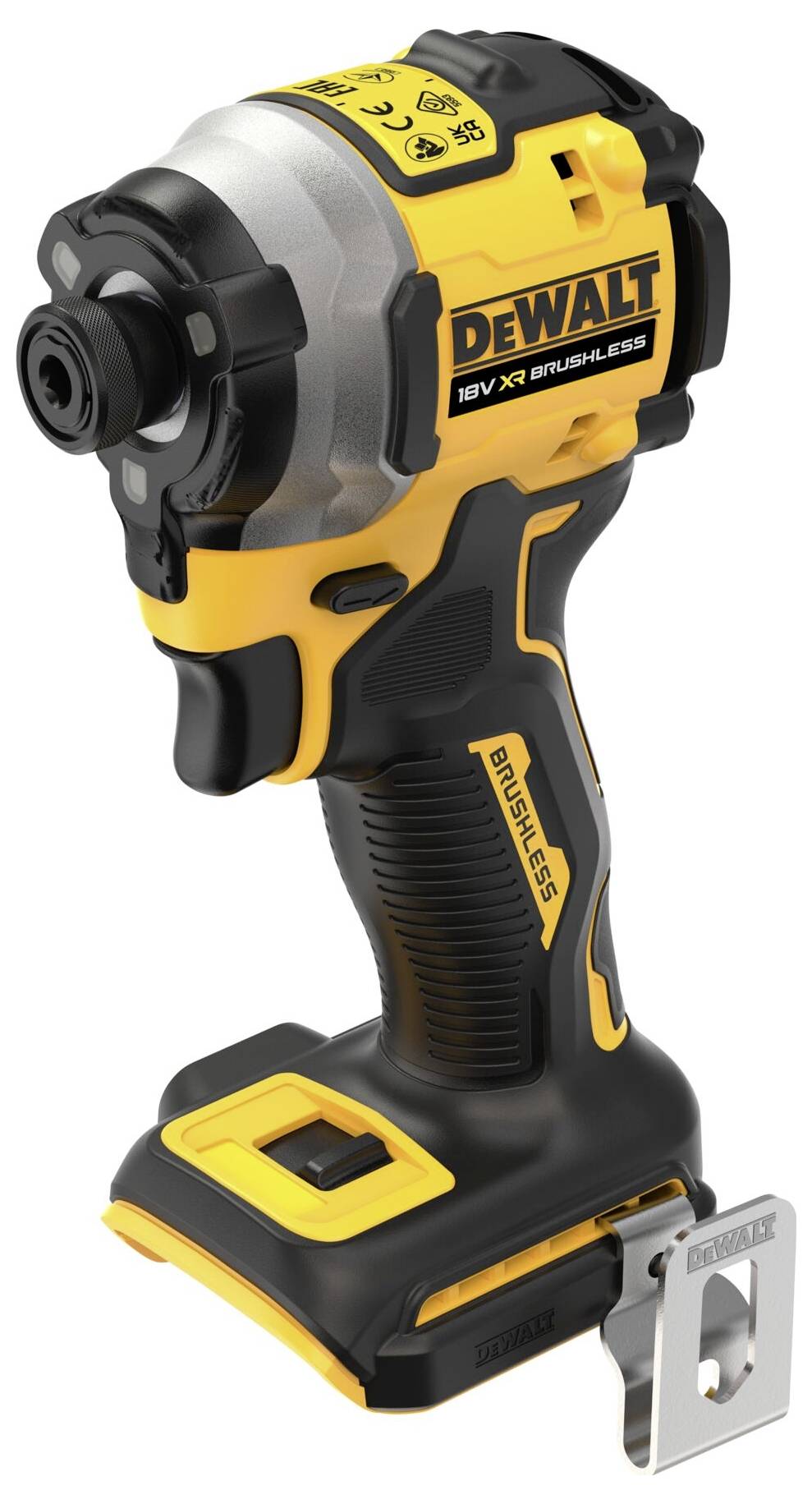 Visseuse à chocs sans fil jaune et noir, marque 'DEWALT', 18V XR, modèle Brushless, sans batterie. Convient pour les travaux de construction et de réparation.