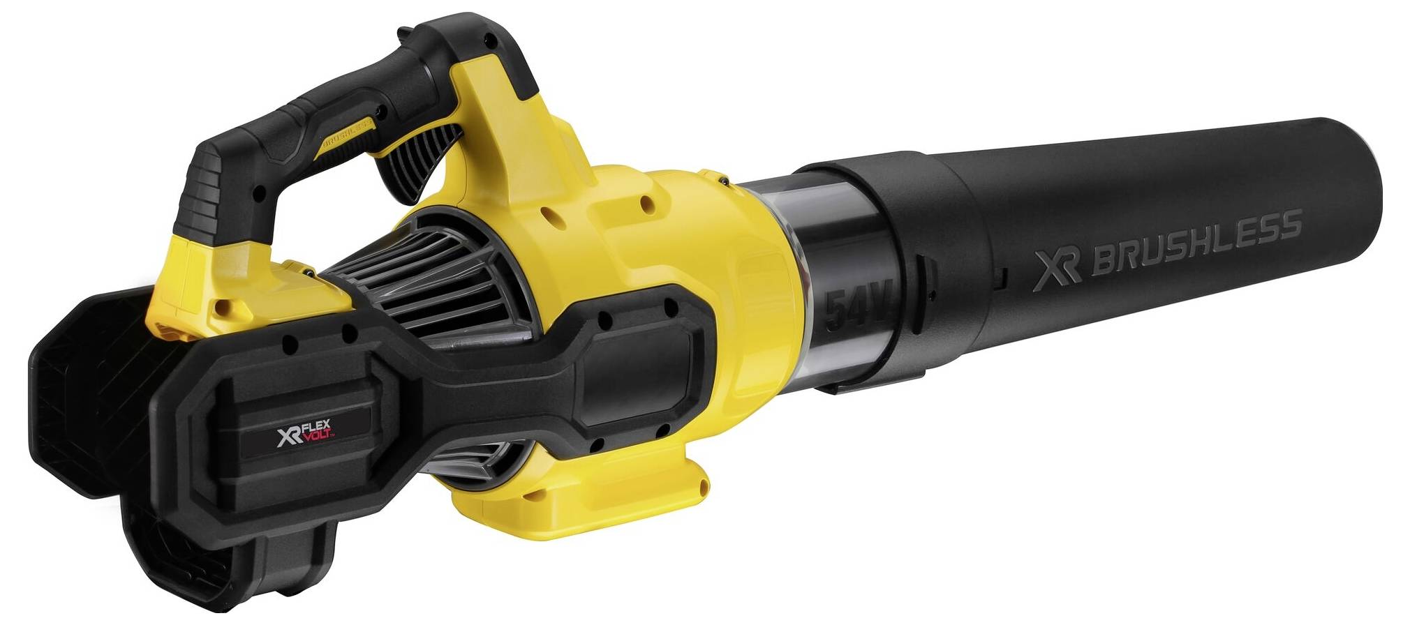 Un souffleur de feuilles à batterie jaune et noir, équipé de deux batteries et doté d'une poignée ergonomique.