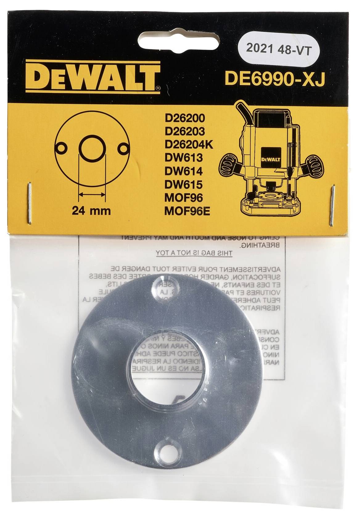 Pièce de rechange 'Dewalt', modèle DE6990-XJ, pour fraisage. Emballage illustrant l'image et la liste des modèles compatibles. Diamètre du trou : 24 mm.