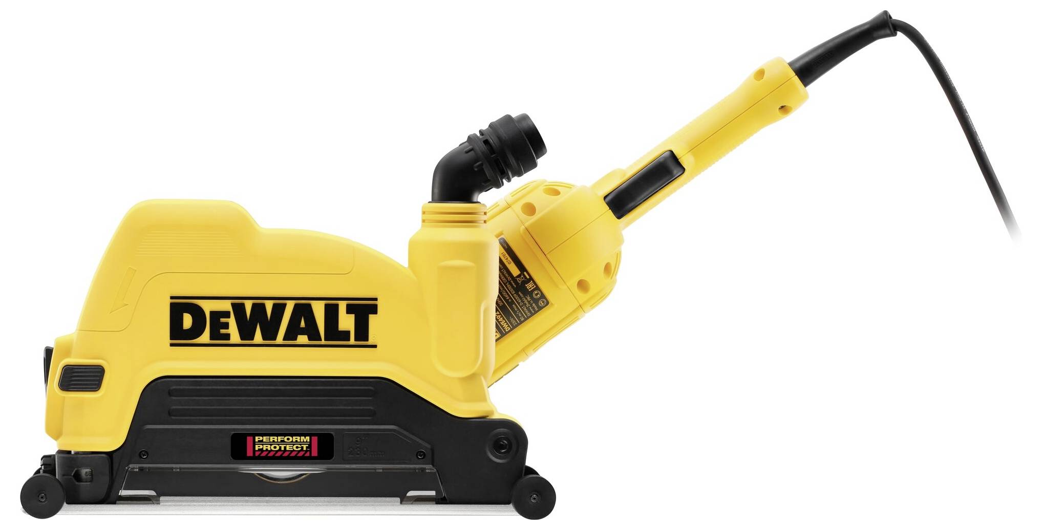 Outil électrique jaune DeWalt avec câble. Il s'agit d'un modèle de rainureuse murale avec moteur intégré et visible, et un capot de protection.