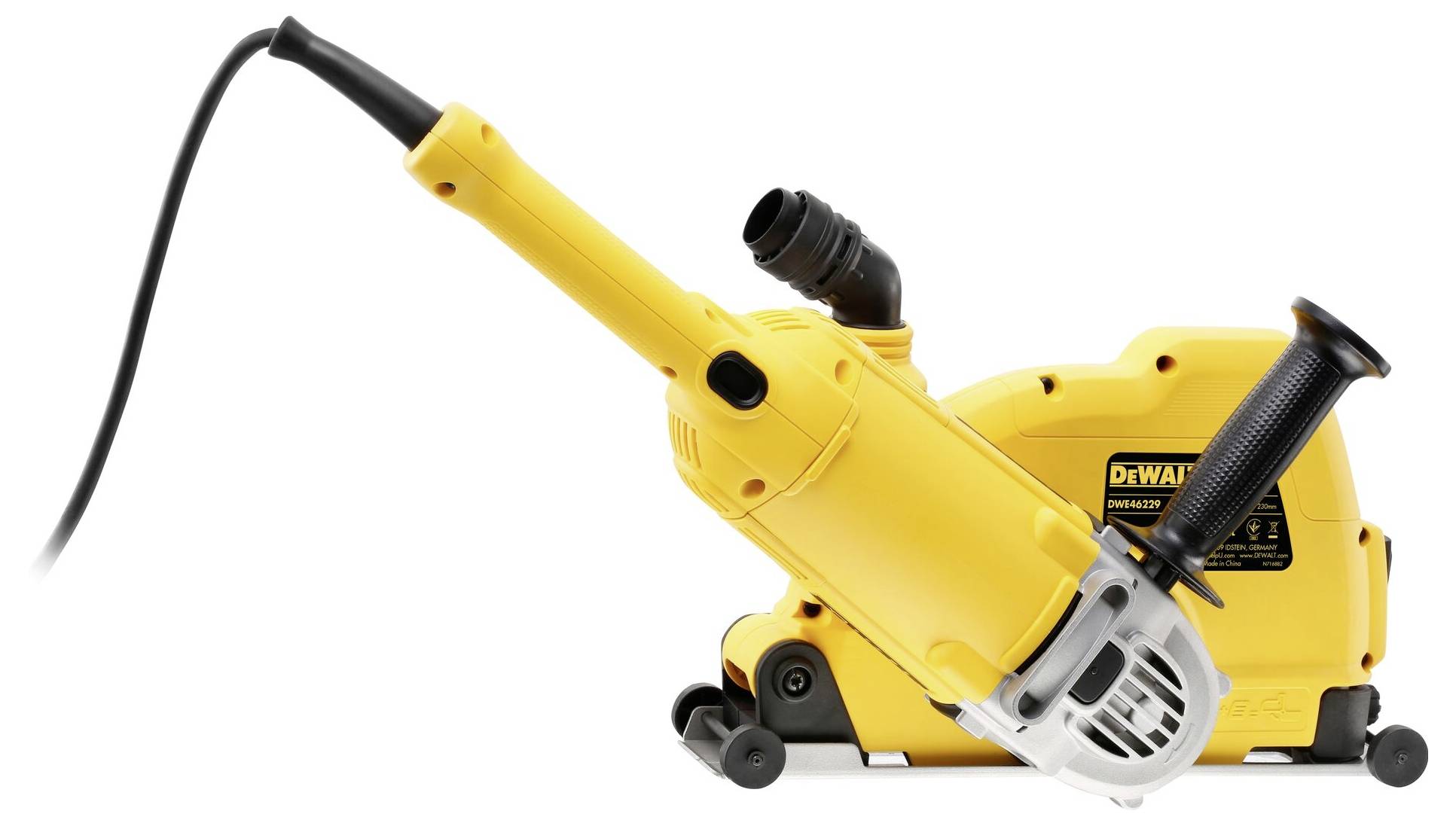 Un outil électrique jaune avec un long manche, une buse noire et plusieurs roues, utilisé pour couper des matériaux.