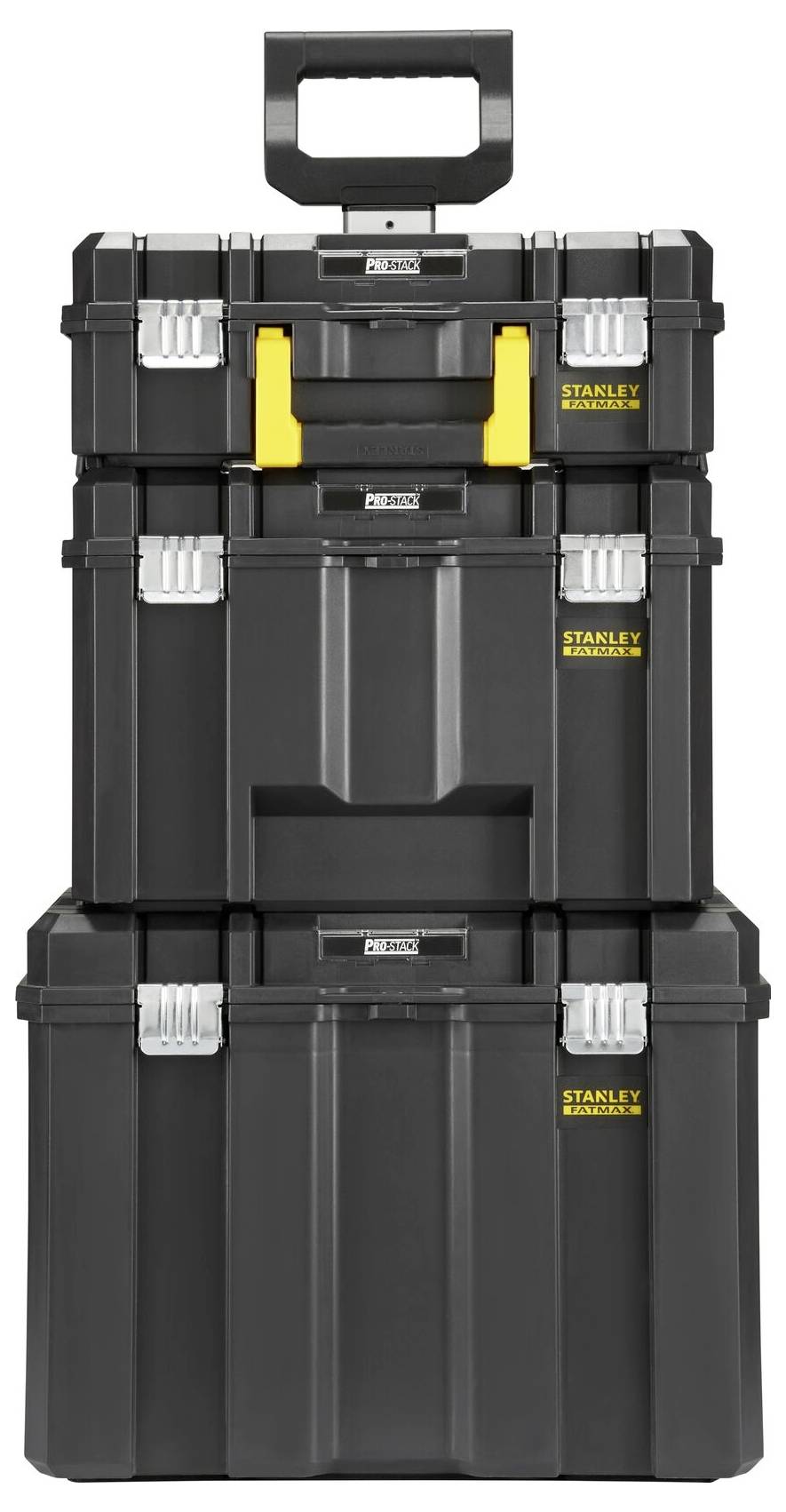 Boîtes à outils en plastique noir, empilables, avec des détails jaunes. Une poignée de transport sur le dessus. Nom de marque 'STANLEY' sur la face avant.