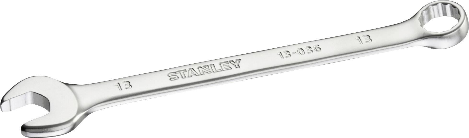Clé à molette en argent avec des extrémités ouvertes et fermées, portant l'inscription 'STANLEY 13-035' sur sa surface.