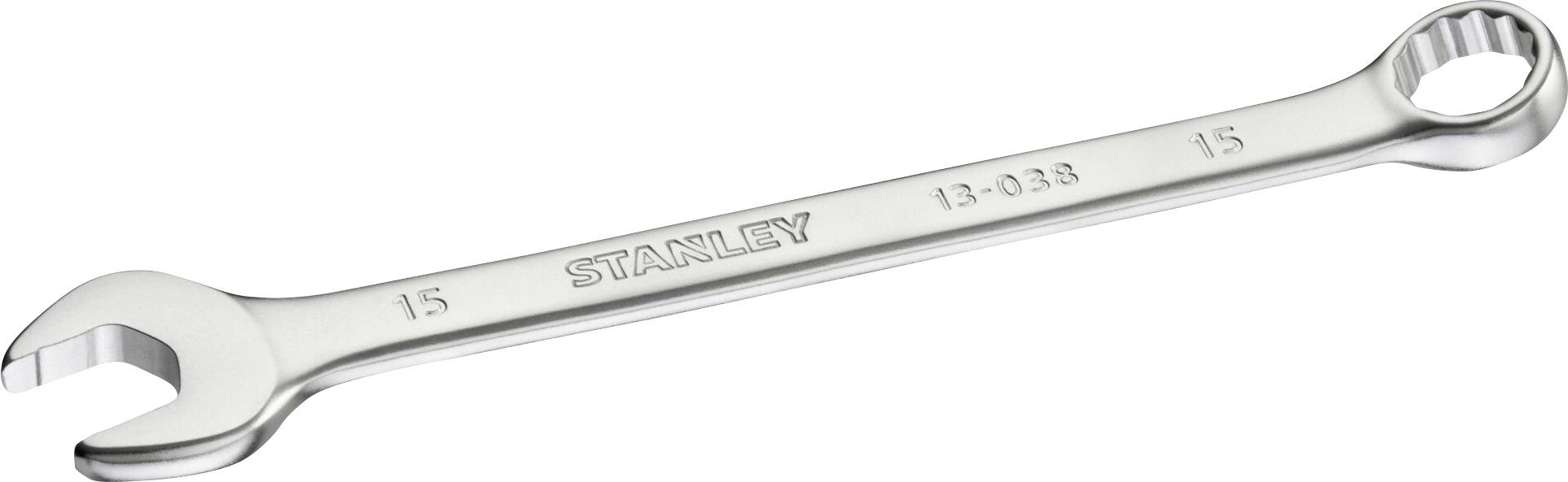 Une clé à fourche en argent portant l'inscription 'STANLEY' au centre. Les deux extrémités sont marquées du chiffre '15'.