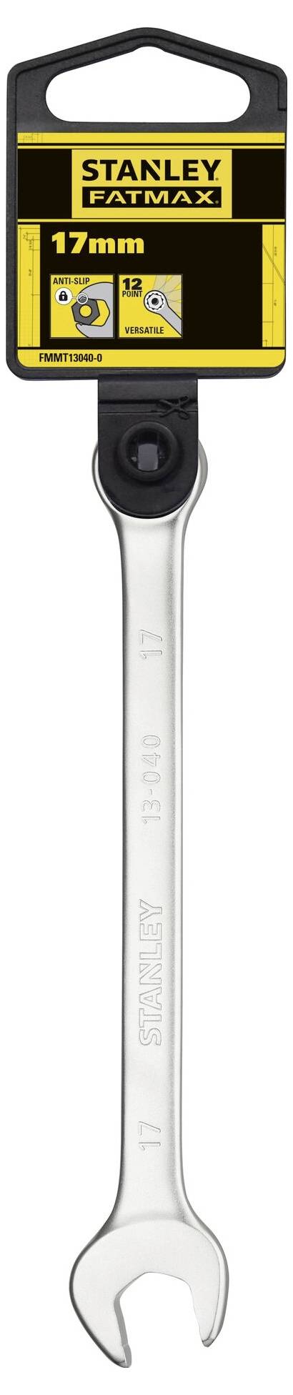 Clé à molette Stanley FatMax, 17 mm, présentée dans un emballage avec étiquette de suspension, adaptée à divers travaux de vissage.