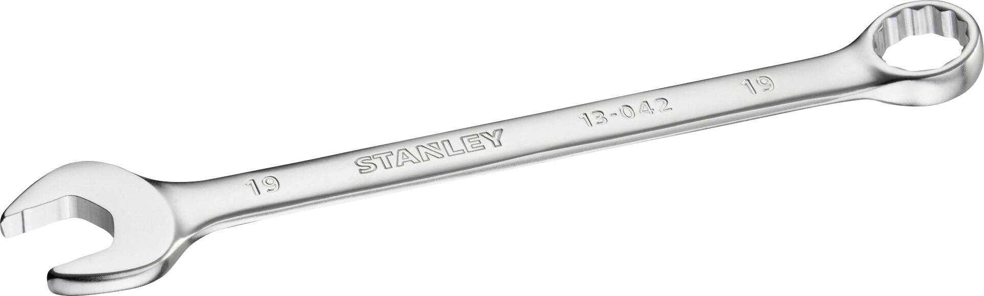 Une clé à double anneau en argent de 19 mm, avec une extrémité ouverte d'un côté et un anneau de l'autre. Inscription : 'STANLEY 13-042'.