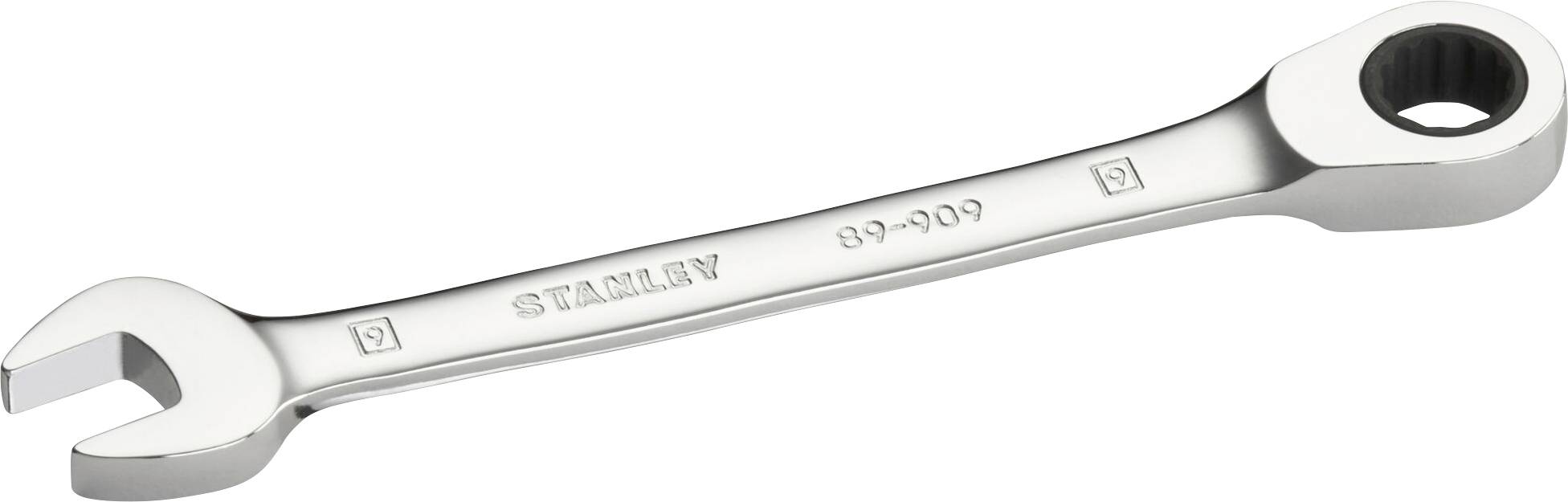 Une clé à molette en argent avec côté ouvert et côté à anneau, gravée 'STANLEY' et numéro de modèle '89-909'.