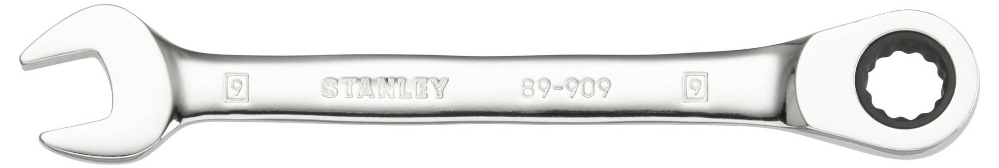 Une clé à molette argentée avec une ouverture simple et une ouverture à cliquet, adaptée pour desserrer ou serrer des vis.