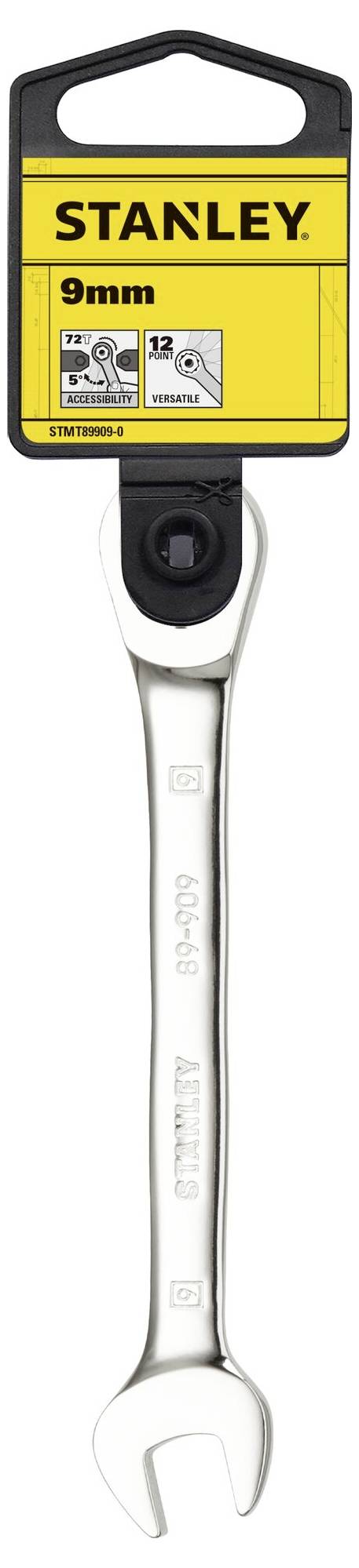Une clé à fourche de 9 mm en argent de Stanley est suspendue à un emballage jaune.