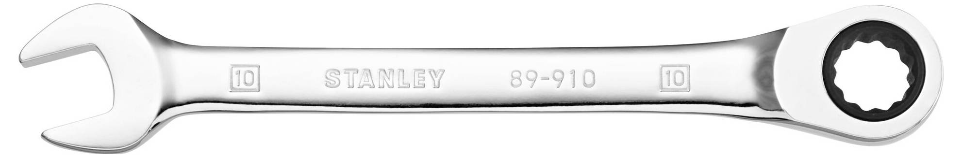 Une clé à fourche en argent de la marque 'Stanley', modèle '89-910', avec une extrémité ouverte et une extrémité fermée.