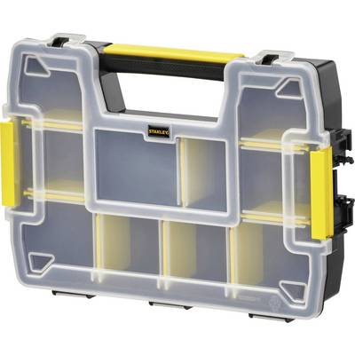 Un coffret à outils en plastique transparent avec une poignée noire et des détails jaunes, comportant deux rangées de six compartiments de rangement.