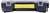 Boîte à outils noire avec poignée jaune et couvercle transparent.