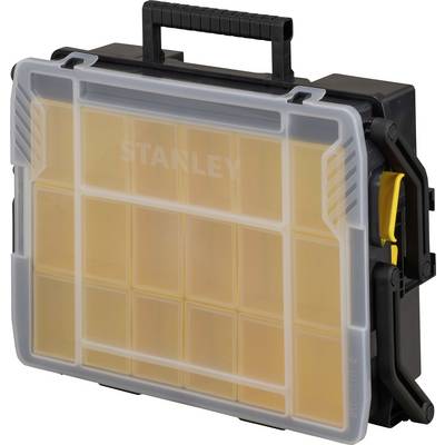 Une boîte à outils transparente avec des compartiments jaunes et une poignée noire, idéale pour le rangement des petits outils et des pièces.