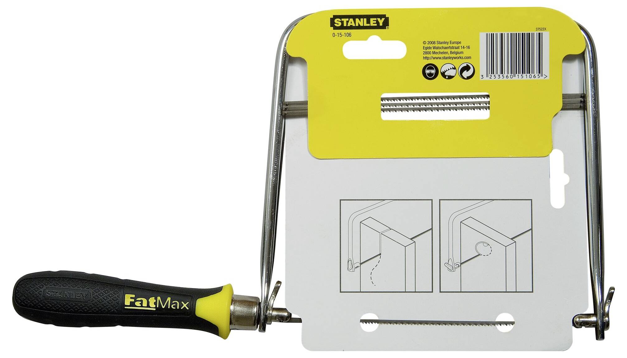 Scie à métaux manuelle avec poignée noire et jaune, logo Stanley sur l'emballage. Comprend des illustrations d'utilisation.