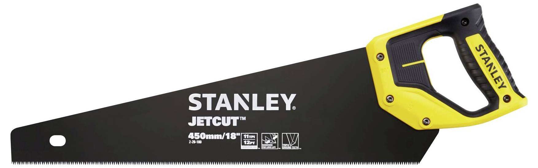 Scie à main Stanley avec poignée jaune, longueur 450 mm, modèle 'JetCut'. Adaptée pour des coupes de bois précises.
