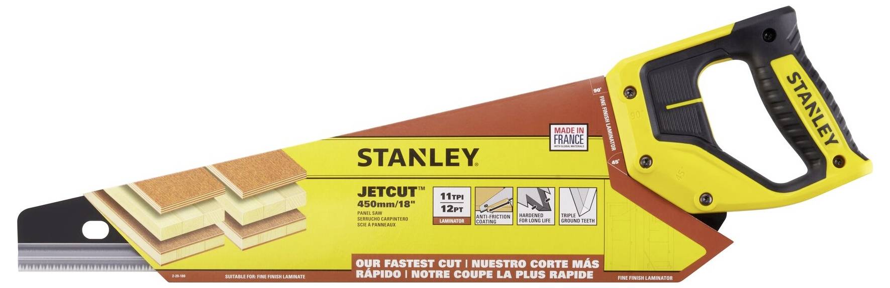Une scie à main Stanley avec poignée ergonomique et étiquette multilingue. Adaptée aux travaux du bois pour une coupe rapide.