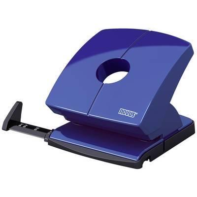 Un perforateur bleu avec guide-papier réglable, adapté pour perforer des trous dans des documents papier en vue de leur classement dans des classeurs.
