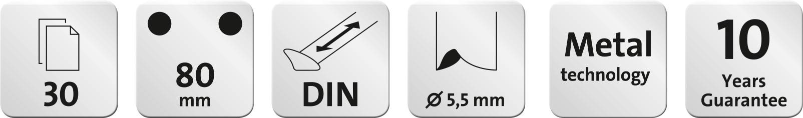 '30 feuilles', '80 mm', 'DIN', 'Diamètre 5,5 mm', 'Technologie Métallique', '10 ans de garantie'. Symboles pour spécifications de fournitures de bureau.