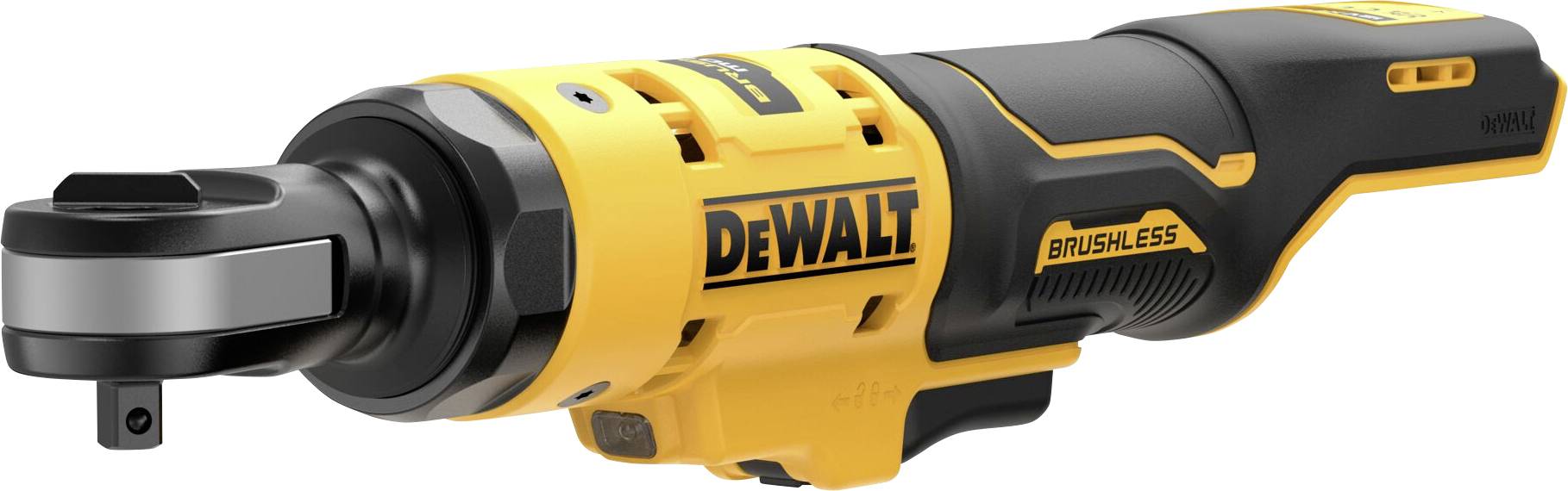 Un cliquet jaune et noir de la marque DEWALT avec l'inscription 'BRUSHLESS' sur l'appareil. Il dispose d'une poignée ergonomique.