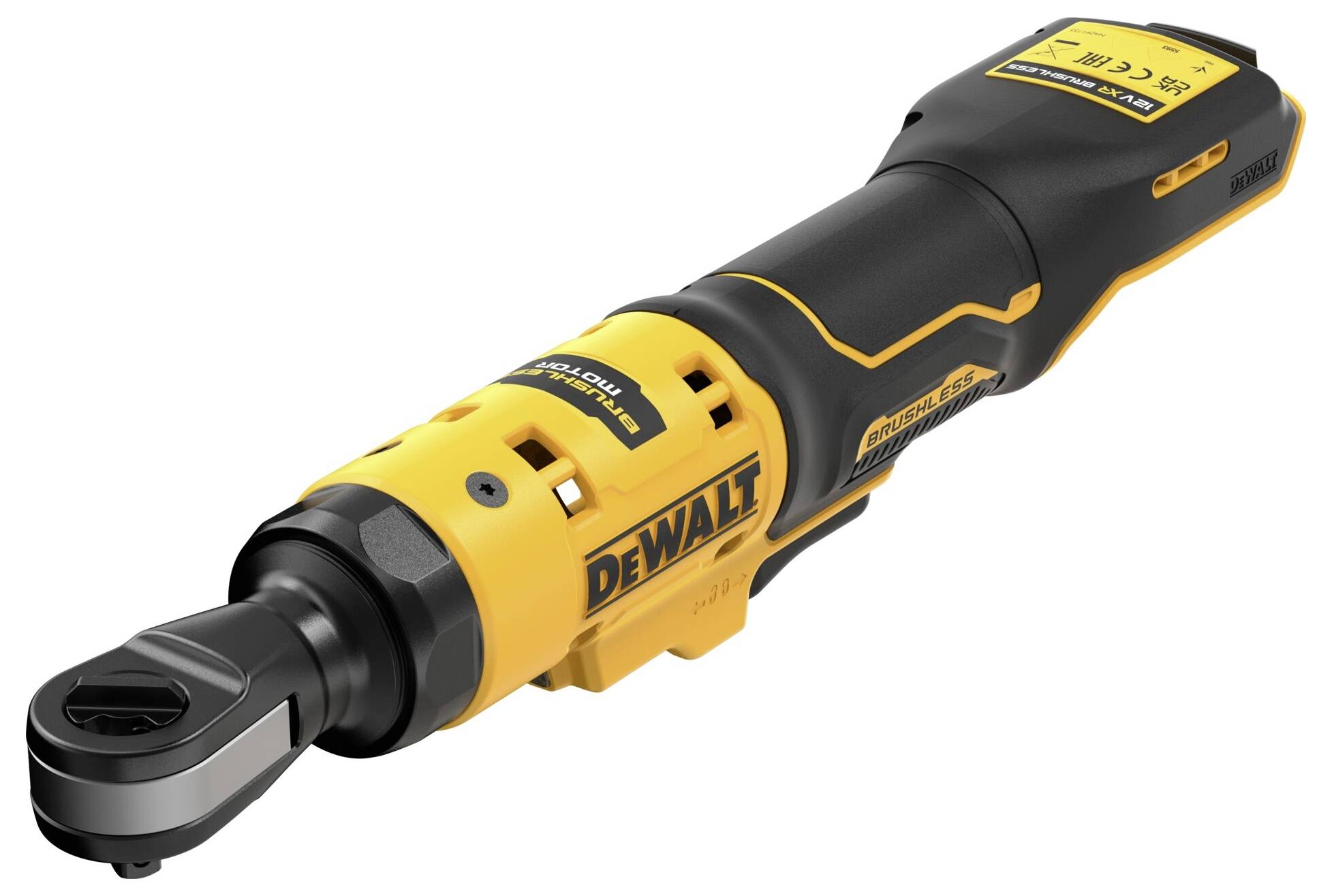 Tournevis à cliquet sans fil jaune et noir avec un design compact, idéal pour desserrer ou serrer des vis dans des endroits difficiles d'accès.