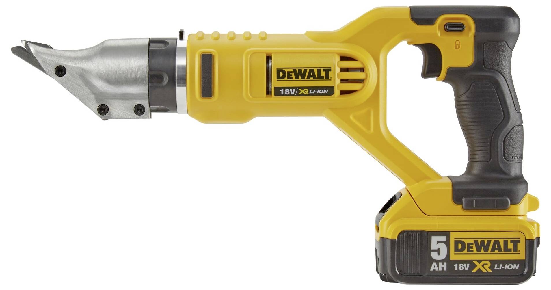 Un outil de coupe de tôle jaune, sans fil et à batterie, optimal pour couper précisément le métal ; adapté aux travaux de construction et de bricolage.