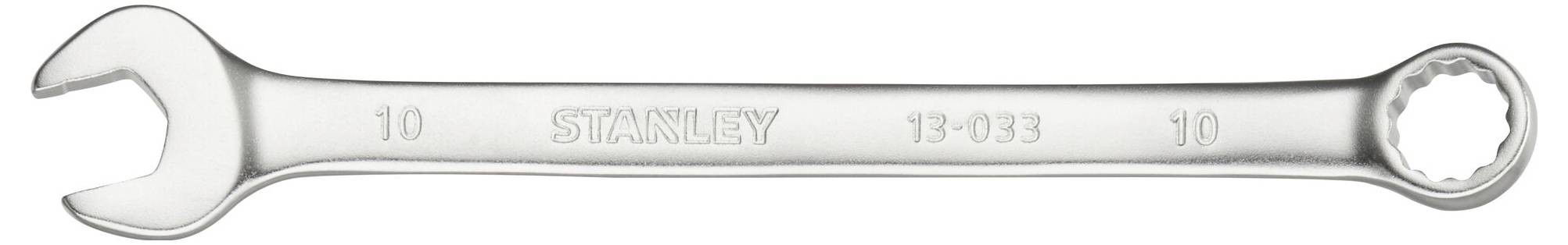 Une clé à double mâchoire en argent de la marque Stanley avec indication de taille '10' aux deux extrémités.