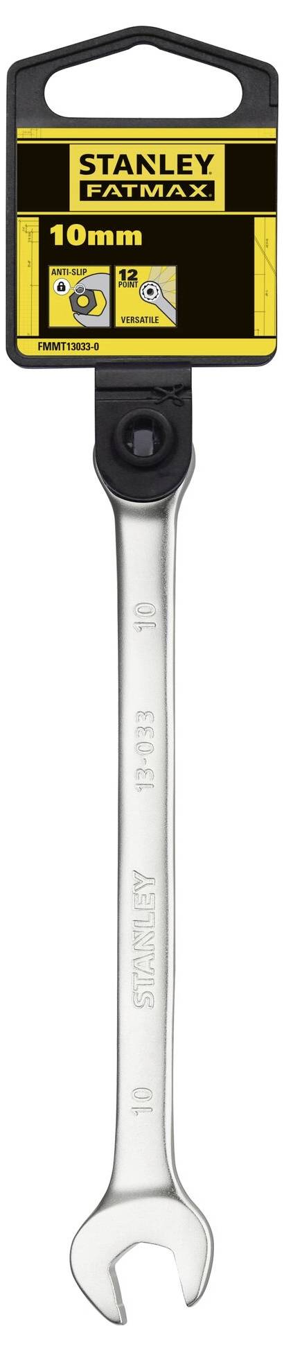 Clé à cliquet Stanley FatMax de 10 mm, avec mécanisme de réversibilité. Emballage présentant le logo et la taille de l'outil. Idéal pour les artisans.