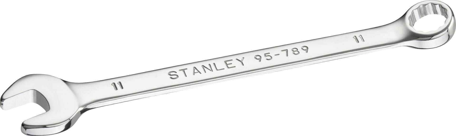 Une clé à molette argentée avec une extrémité ouverte et une extrémité fermée, portant l'inscription 'STANLEY 95-789' et de taille 11.