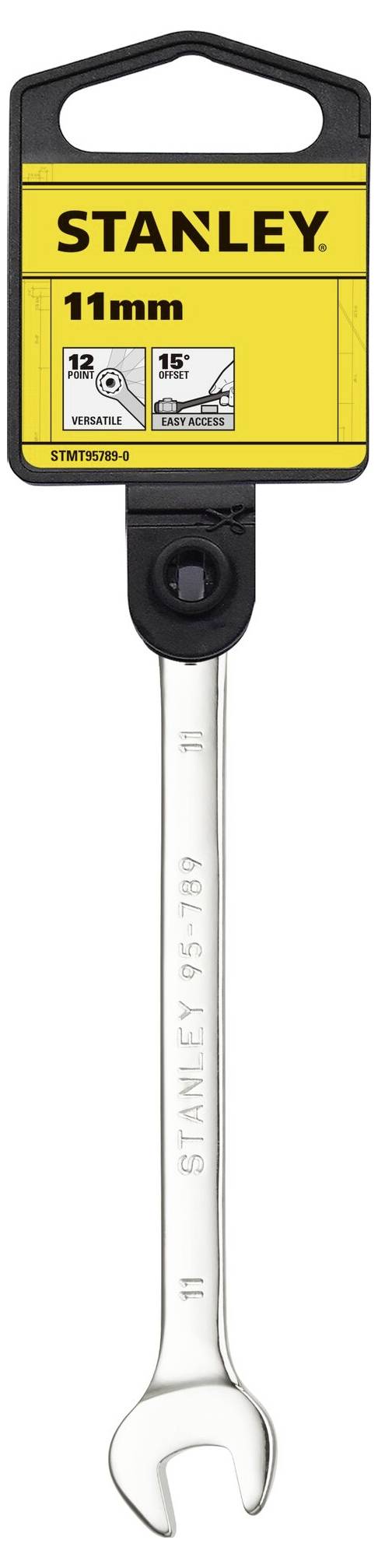Une clé à molette Stanley de 11 mm avec emballage jaune et informations produit, adaptée aux travaux mécaniques.