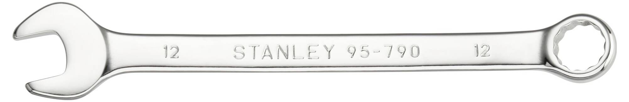 Clé à molette avec côté à mâchoire ouverte et côté anneau, gravée 'STANLEY 95-790' et de taille '12'.