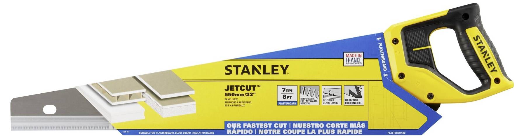 Scie à main Stanley, modèle JetCut 550 mm/22". Poignée ergonomique, adaptée aux travaux de menuiserie grossiers. L'emballage présente des coupes de bois.