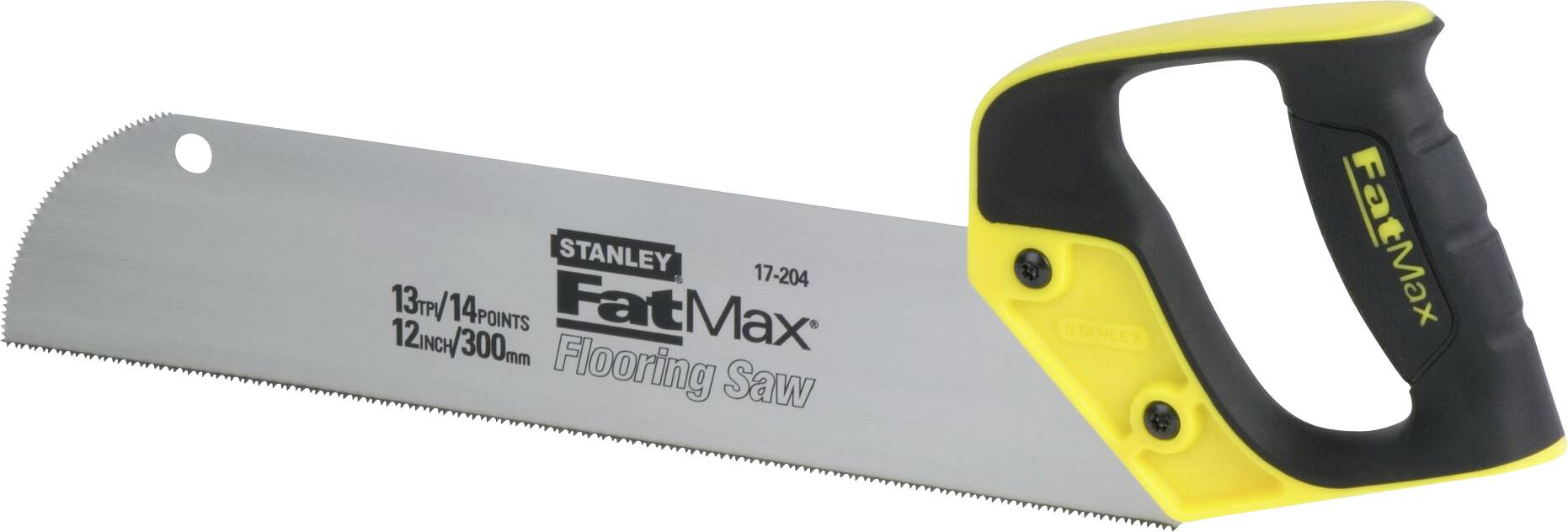 Une scie à main de la marque Stanley avec une poignée jaune et noire. Sur la lame, il est inscrit 'FatMax Flooring Saw'.