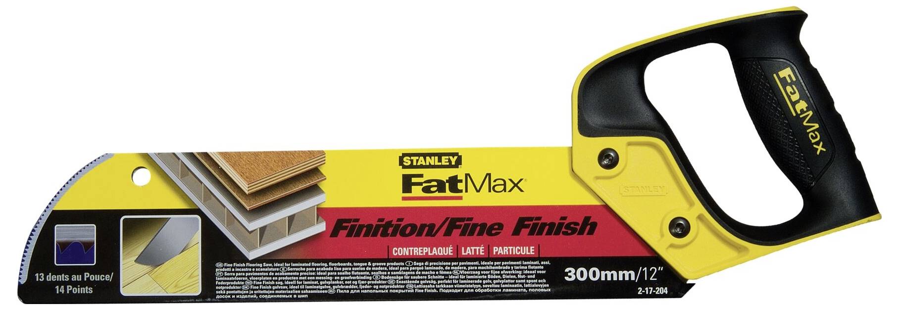 Scie à main Stanley FatMax avec lame de 300 mm, adaptée aux travaux de coupe fine. Contient des informations spécifiques sur la lame sur l'emballage.