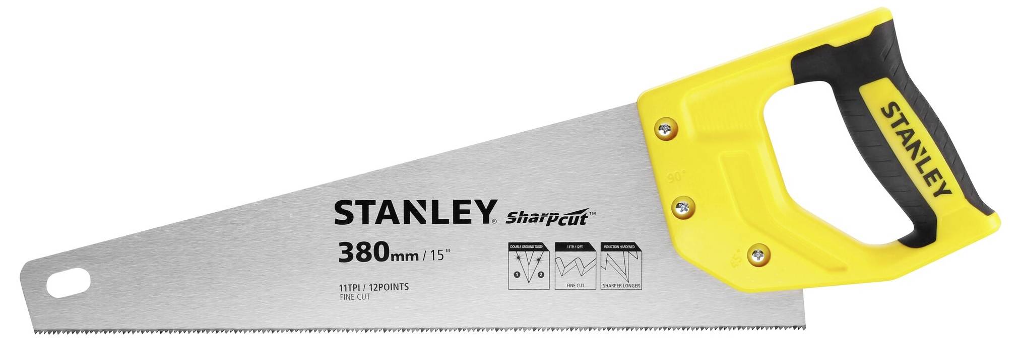 Scie à main avec poignée jaune, marquée 'STANLEY SharpCut' et '380 mm/15'.