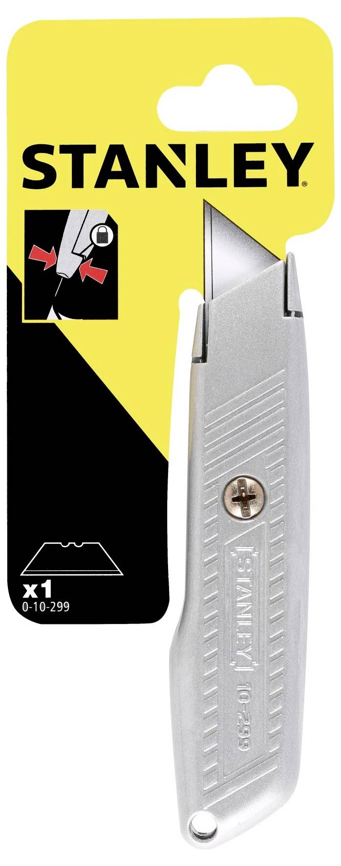 Un couteau Stanley en argent avec une étiquette jaune et noire mettant en valeur un modèle de lame interchangeable.