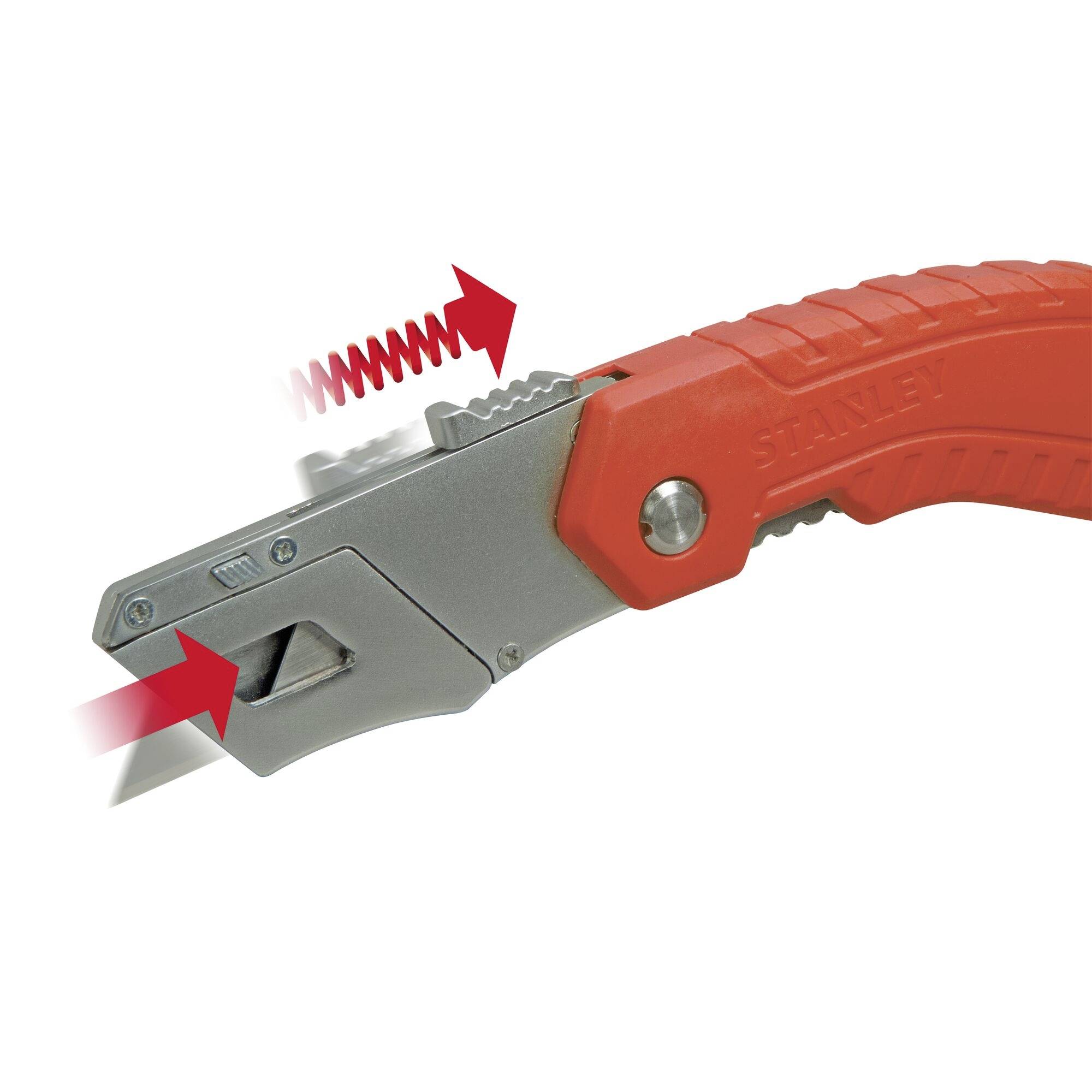 Un cutter rouge avec une lame métallique montre comment la lame peut être sortie et rentrée à l'aide d'un mécanisme coulissant.
