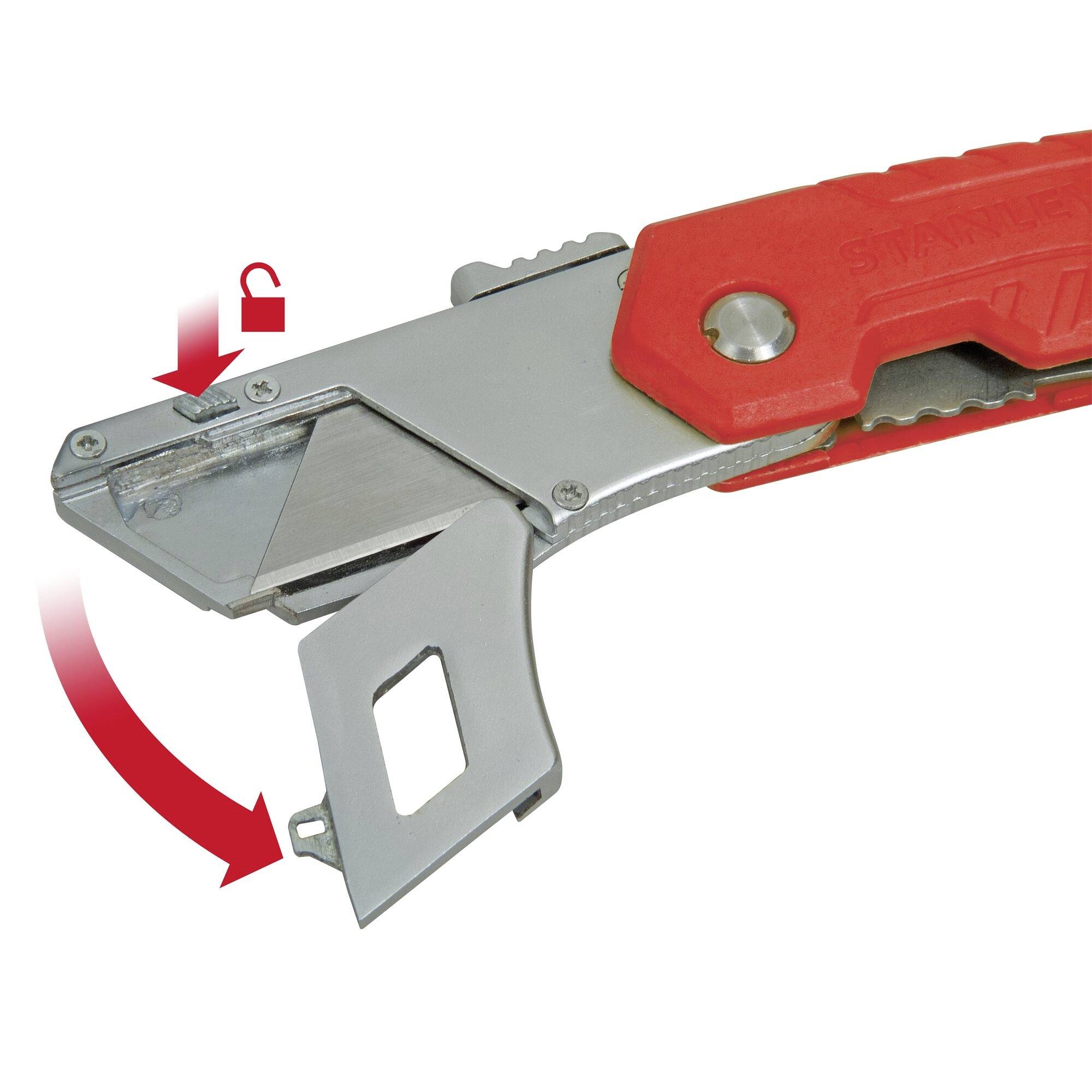 Couteau pliant avec manche rouge en position ouverte, montrant un mécanisme de sécurité et une lame interchangeable. Une flèche indique le mécanisme de pliage.