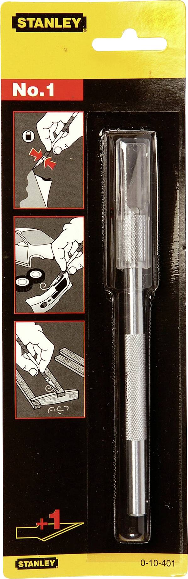 Emballage d'un couteau Stanley n°1. Trois instructions illustrées montrent comment changer la lame. Poignée en plastique avec embout métallique.