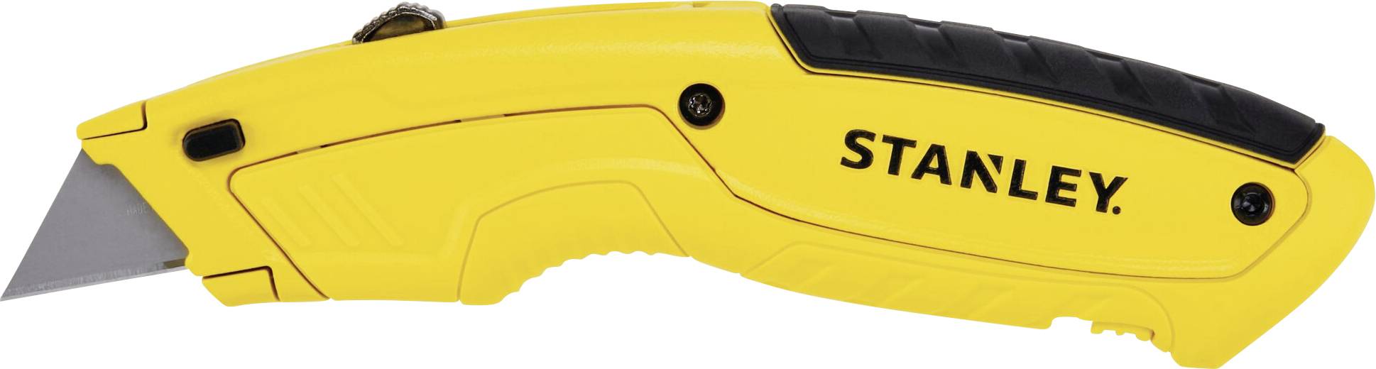 Couteau utilitaire Stanley jaune avec manche noir et lame rétractable.
