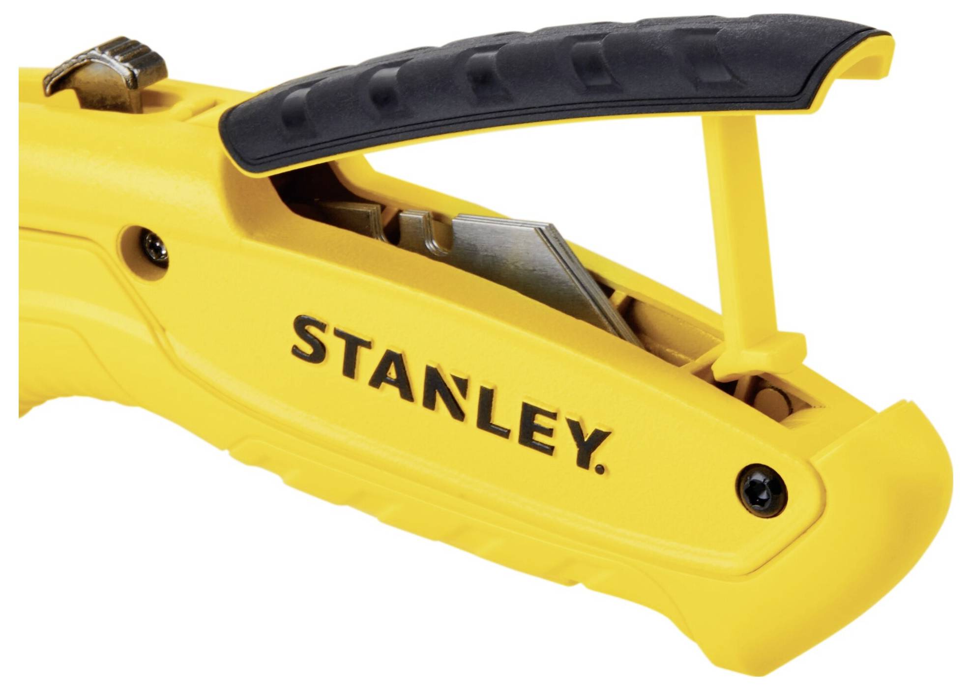Couteau universel Stanley jaune avec lame rétractable, manche noir et levier de verrouillage.