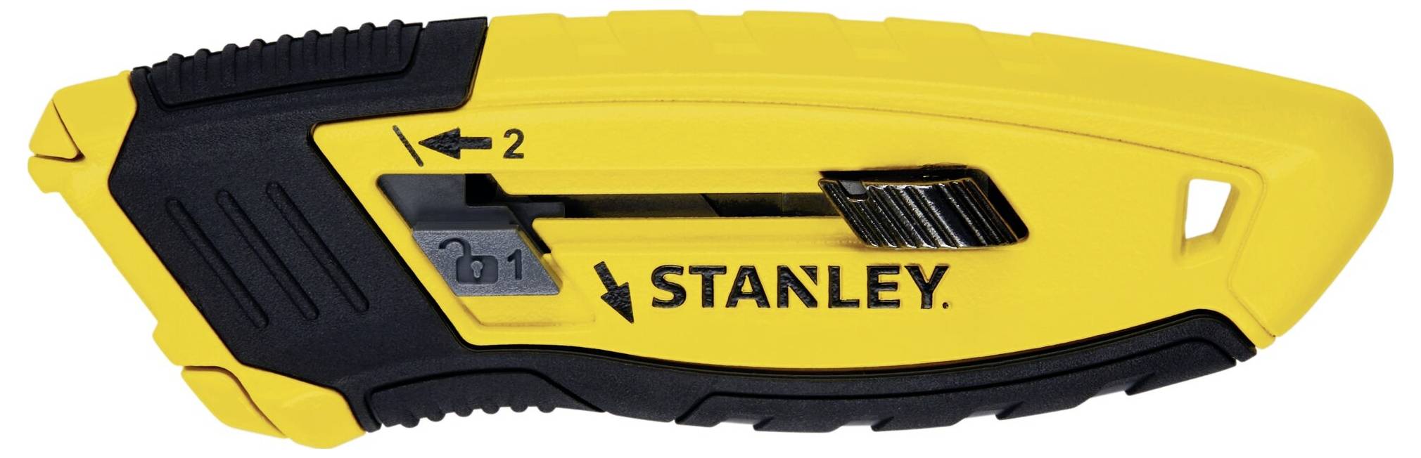 Couteau Stanley jaune et noir avec lame rétractable et curseur de réglage de la longueur.