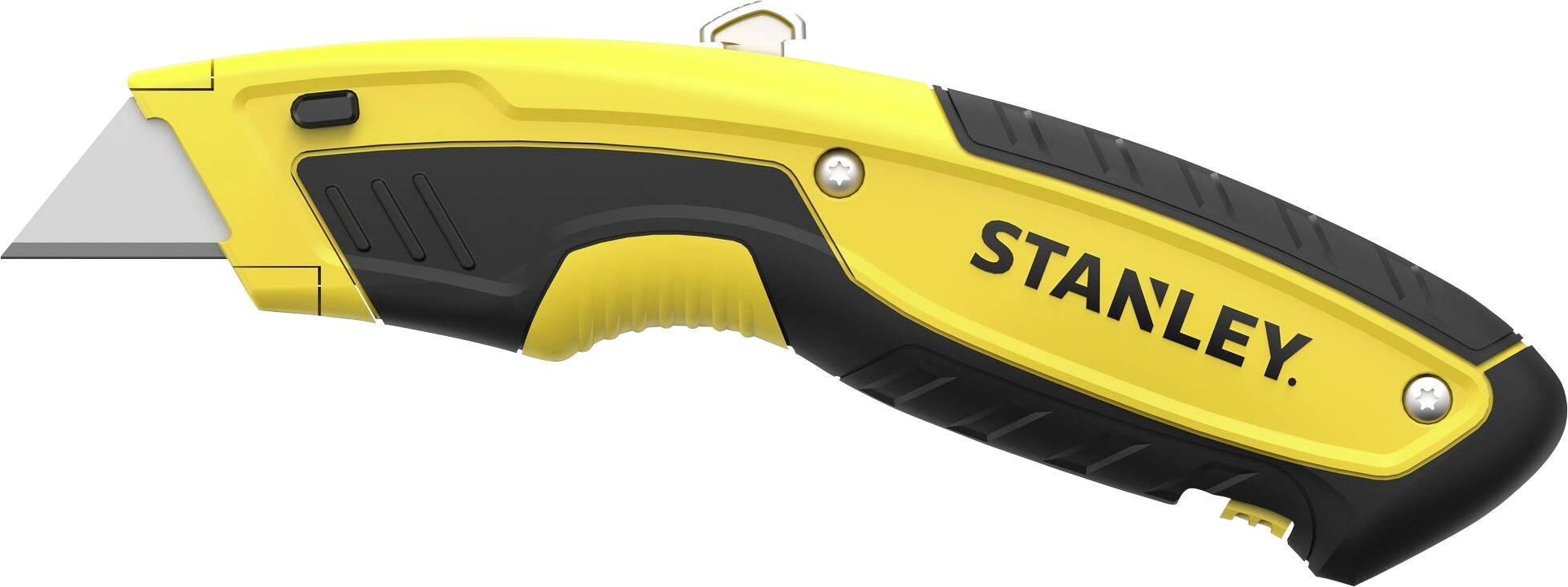 Couteau à tapis Stanley jaune et noir avec poignée ergonomique et lame visible sur la gauche.