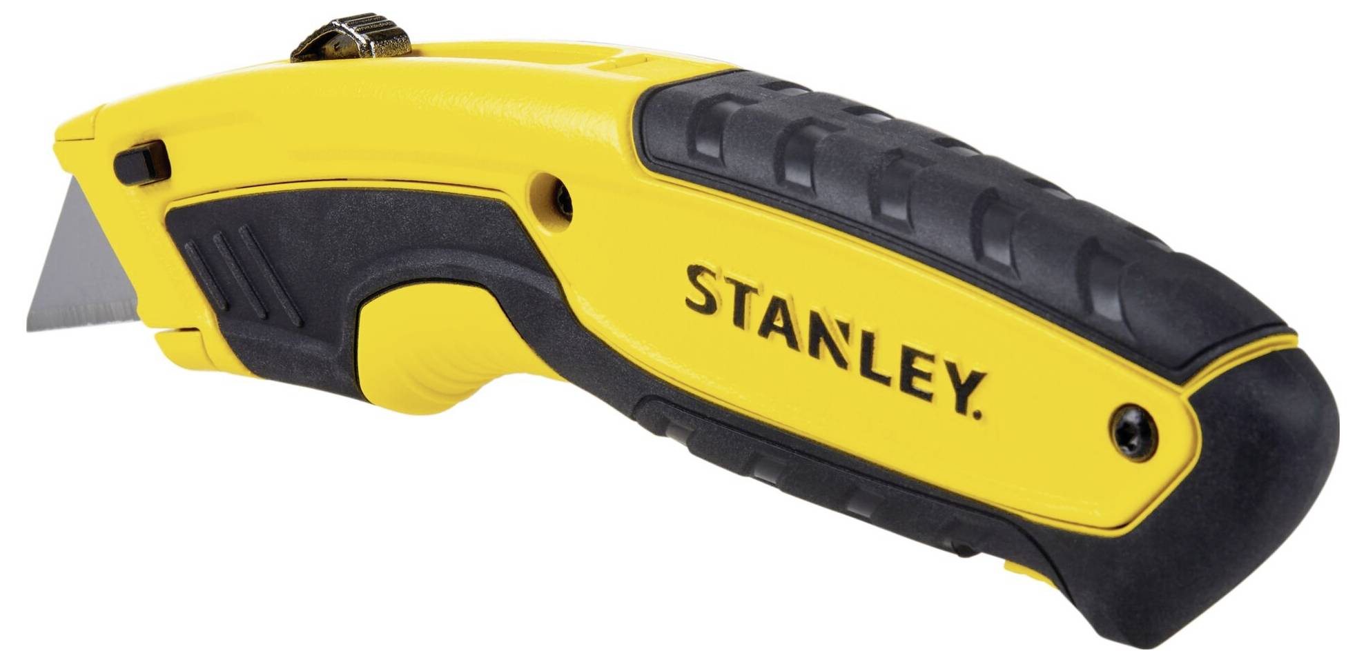 Couteau universel Stanley jaune avec manche ergonomique et insert en caoutchouc noir, lame partiellement visible, adapté aux travaux de coupe.