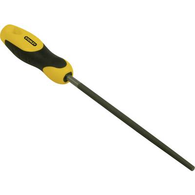 Une lime métallique avec une poignée jaune et noire est posée en travers.