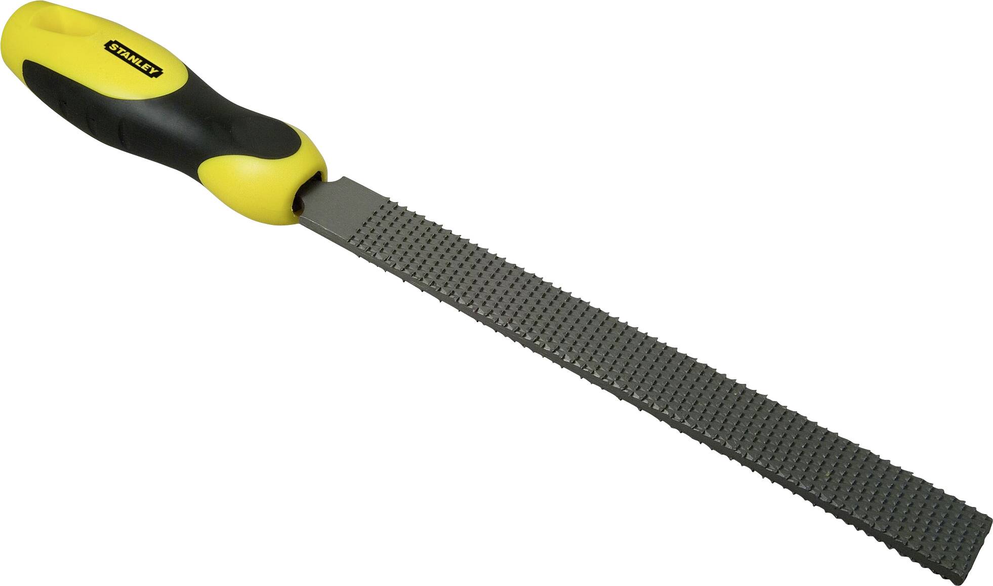 'Râpe plate avec poignée jaune et noire, adaptée pour lisser et façonner des matériaux tels que le bois ou le métal.'