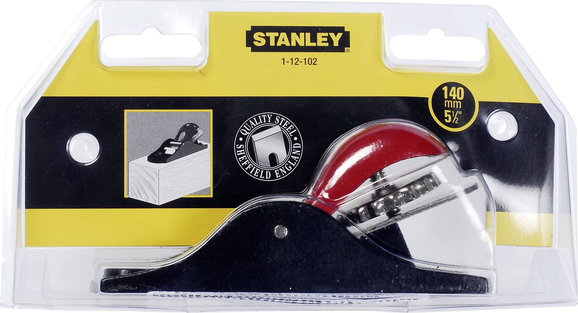 Outil de menuiserie 'Stanley' dans son emballage, numéro de modèle 1-12-102, présenté dans un emballage en plastique avec un fond jaune, longueur 140 mm.