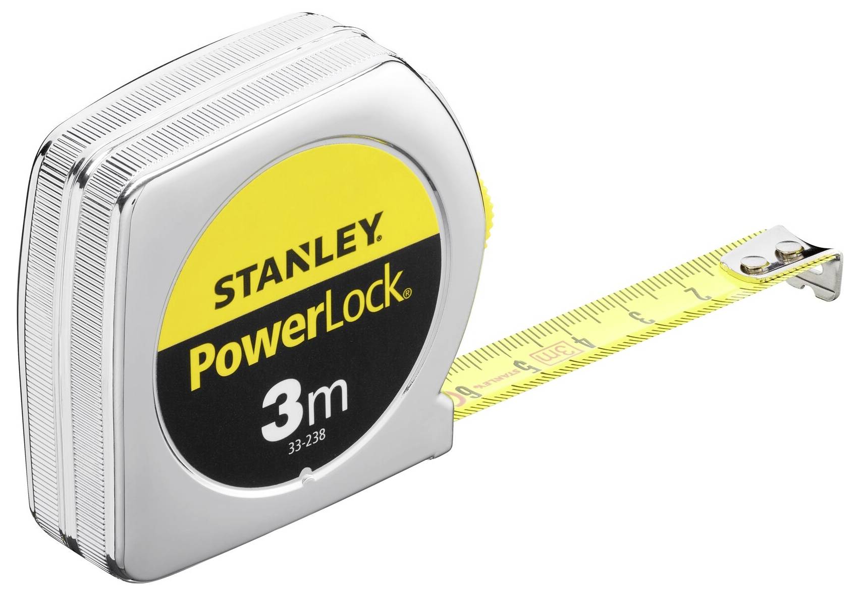 Un mètre ruban argenté avec marquage jaune 'Stanley PowerLock 3m'. Le ruban est partiellement déroulé et affiche des mesures en centimètres.