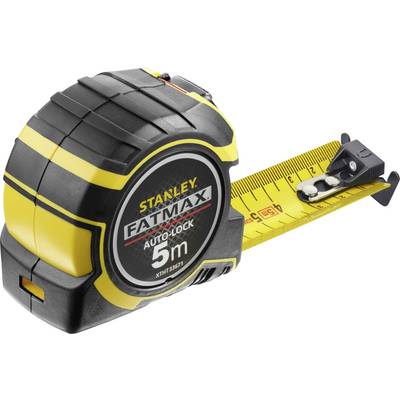 Ruban à mesure noir et jaune de la marque Stanley Fatmax Auto-Lock de 5 mètres, partiellement déroulé, affichant des centimètres.