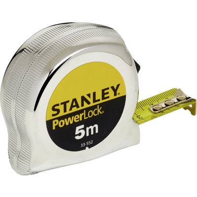 Un ruban à mesurer argenté avec une étiquette jaune indique la marque 'STANLEY PowerLock' et une longueur de 5 mètres.